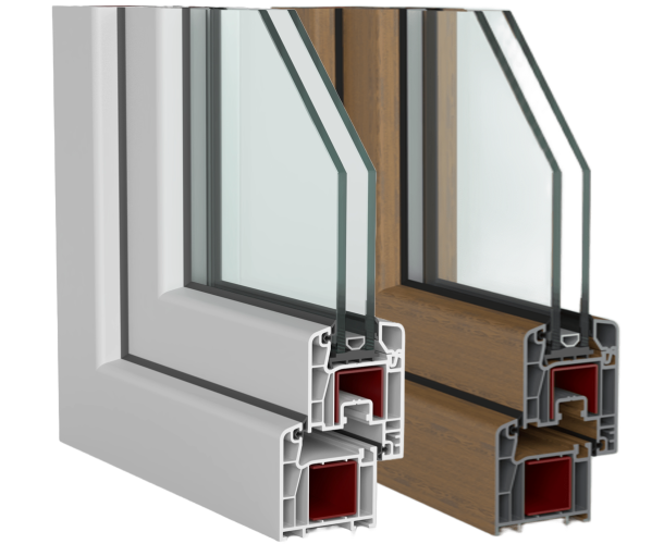Vizyonline 60 mm PVC pencere profilinin beyaz ve ahşap desenli kesit görünümü
