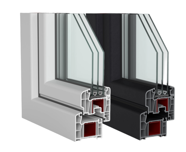 Klasline Extra 70 mm PVC pencere profilinin beyaz ve antrasit renkli kesit görünümü