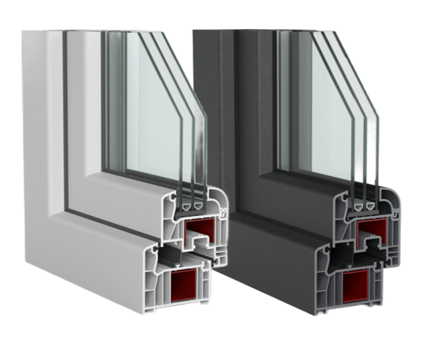 Highline Plus PVC profile takılı üçlü ısıcamın beyaz ve antrasit renkli kesit görünümü